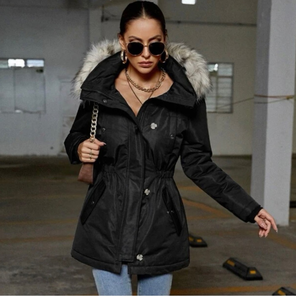 Zip Up Elastic Waist Fuzzy Hooded Parka Coat